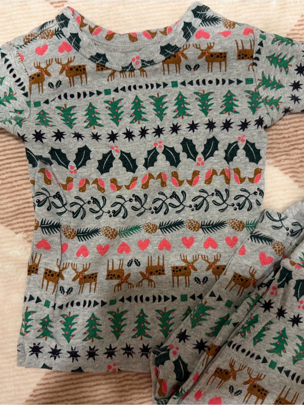 GAP Gray Kids Pajama Set with Green Trees, Brown Deer & Pink Hearts